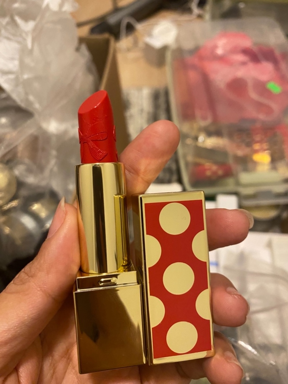 Estee Lauder Red Lipstick with Gold Polka-Dot Case
